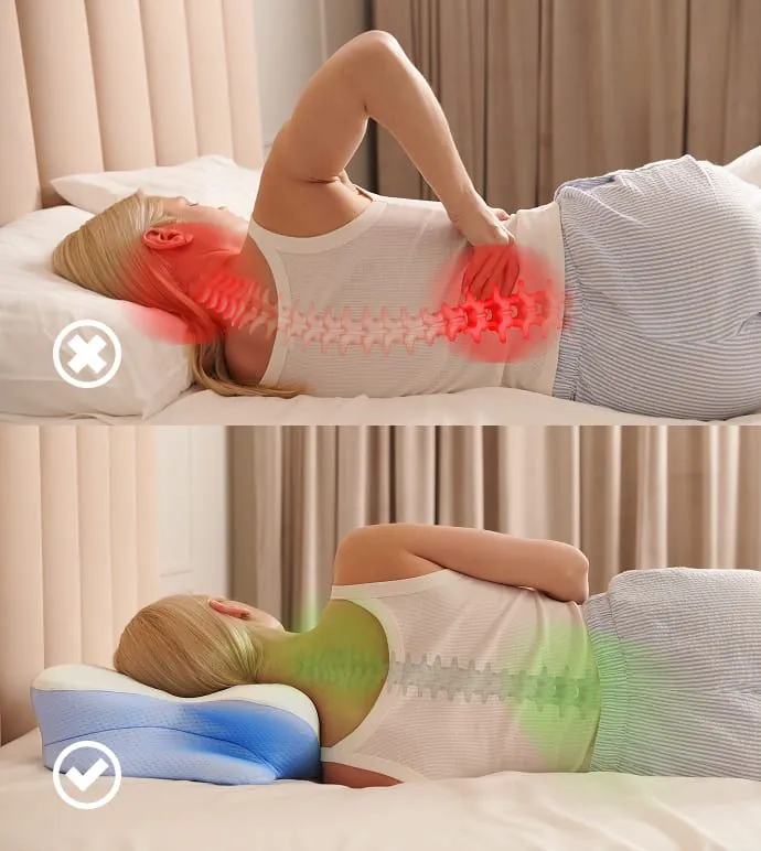 Spine position on a worn flat pillow compared with the Derila Ergo pillow